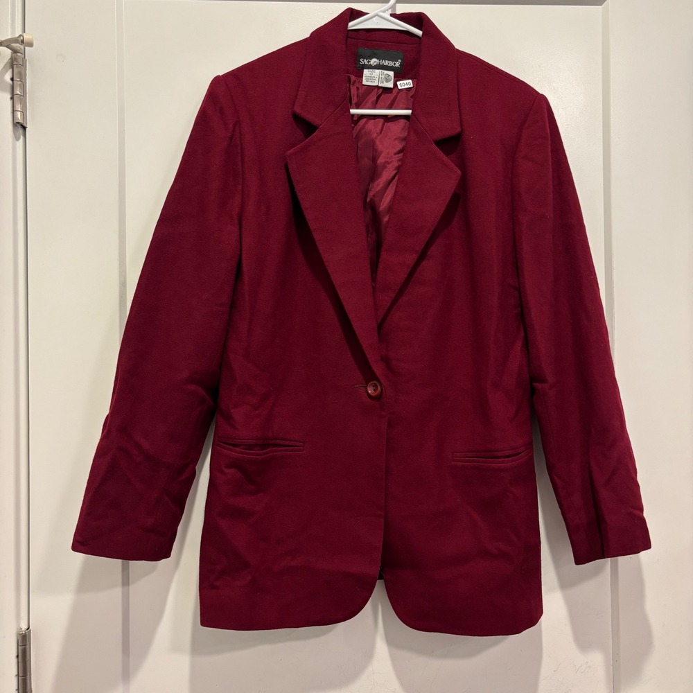 Sag Harbor Vintage Burgundy 100% Pure New Wool Single Button Blazer Jacket 10